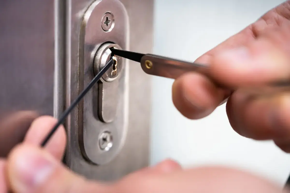 Key in a door lock, close up